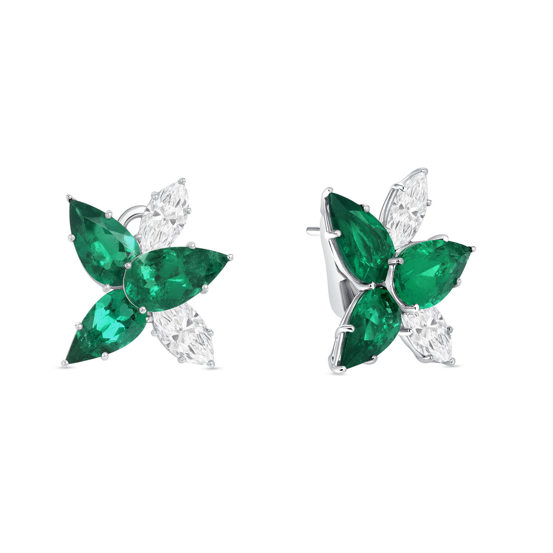 Marquise Diamond and Pear Shape Emerald Flower Earrings