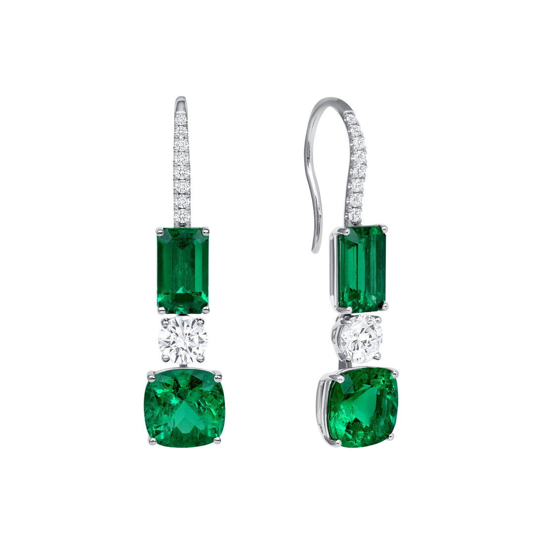 Round Brilliant Diamond and Emerald Cut and Cushion Emerald Earrings