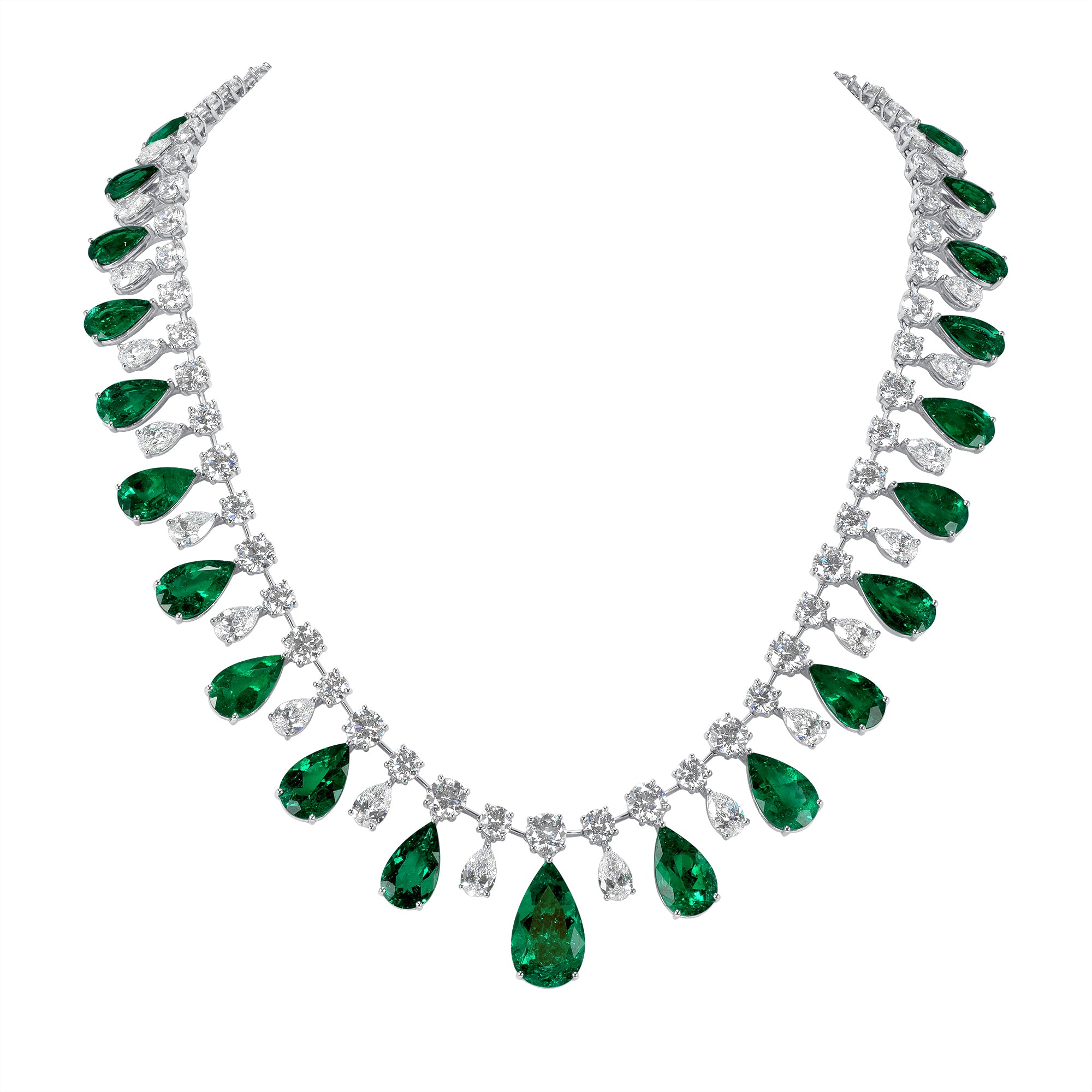 Pear Shape Colombian Emerald and Pear Shape and Round Brilliant Diamond Necklace