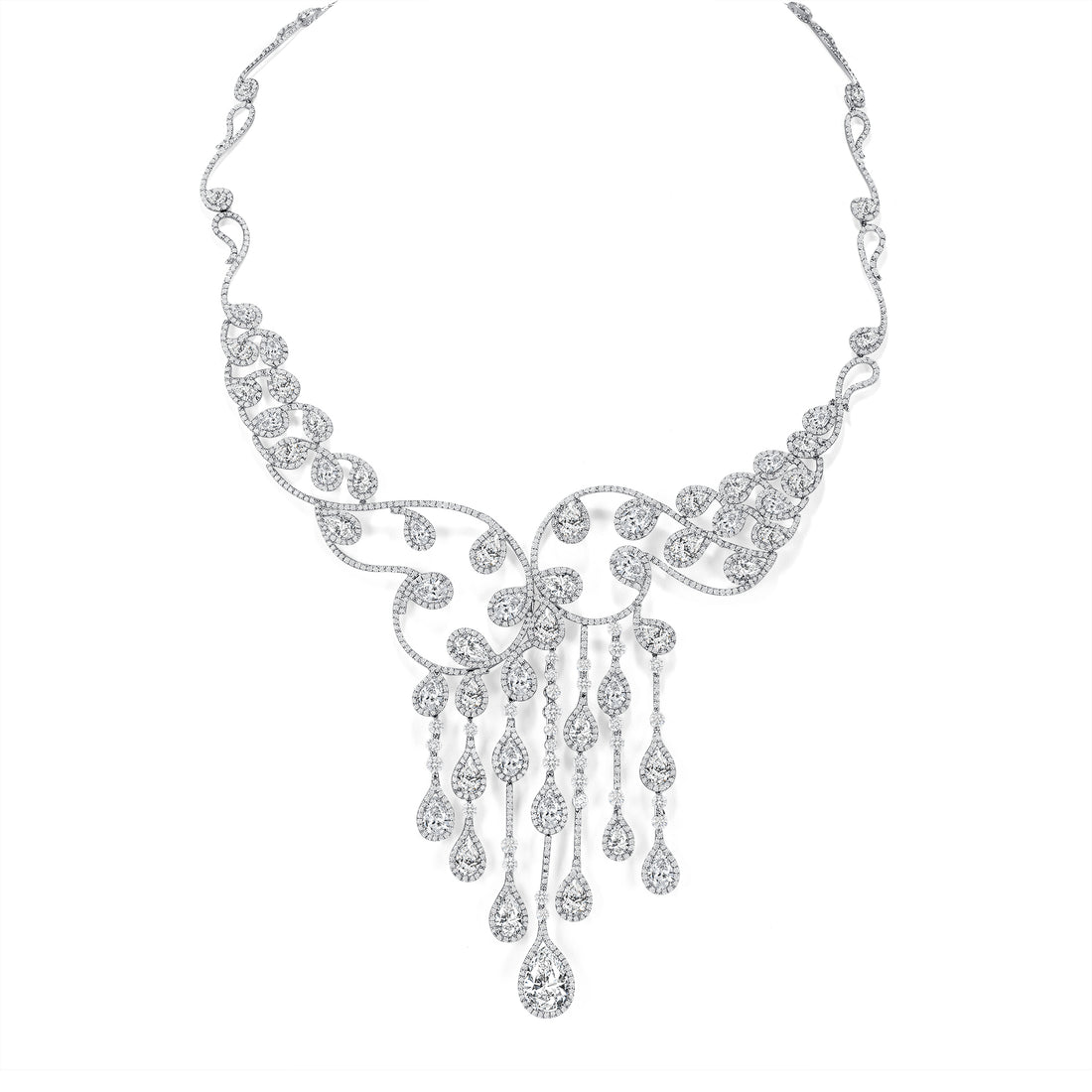 Pear Shape and Round Brilliant Melee Diamond Cascade Necklace
