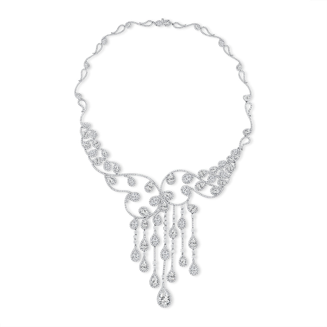 Pear Shape and Round Brilliant Melee Diamond Cascade Necklace