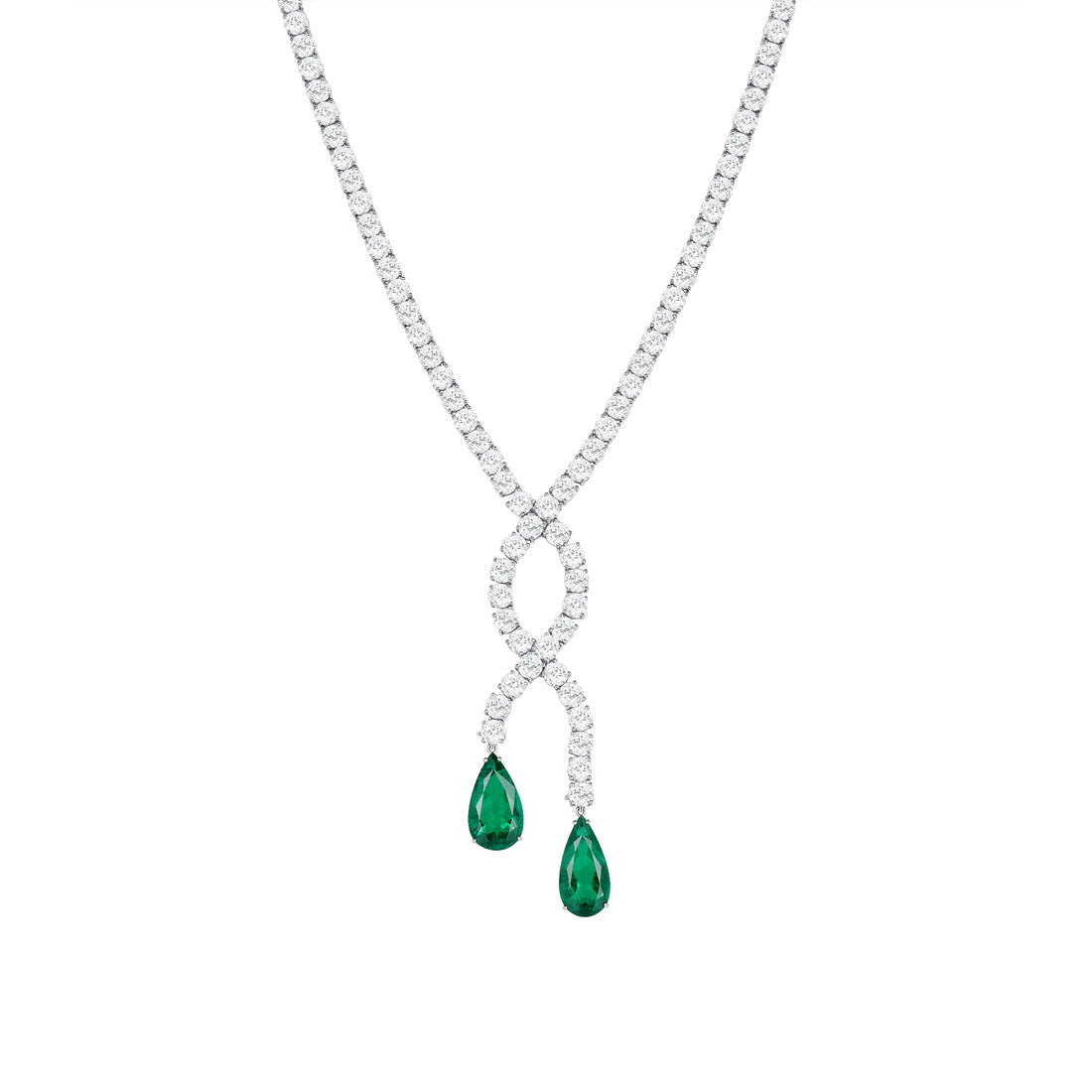 Round Brilliant Diamond and Pear Shape Emerald Drop Necklace