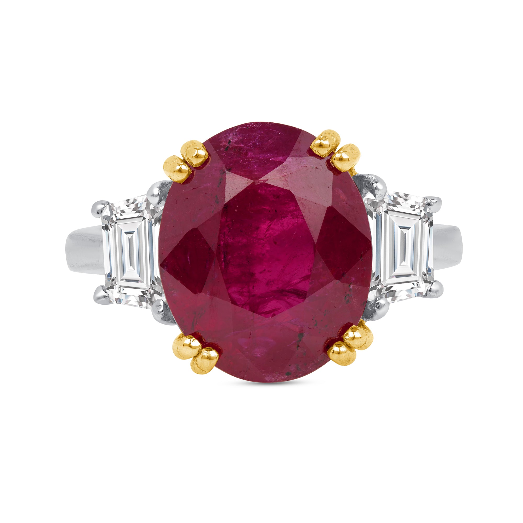 Oval Ruby and Trapezoid Diamond Three Stone Ring