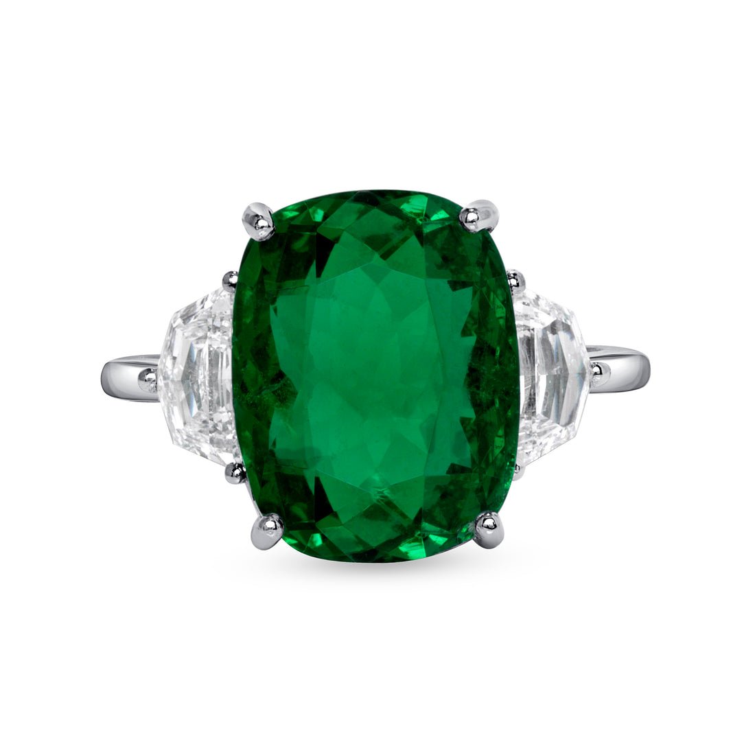 Cushion Cut Colombian Emerald and Side Diamond Ring