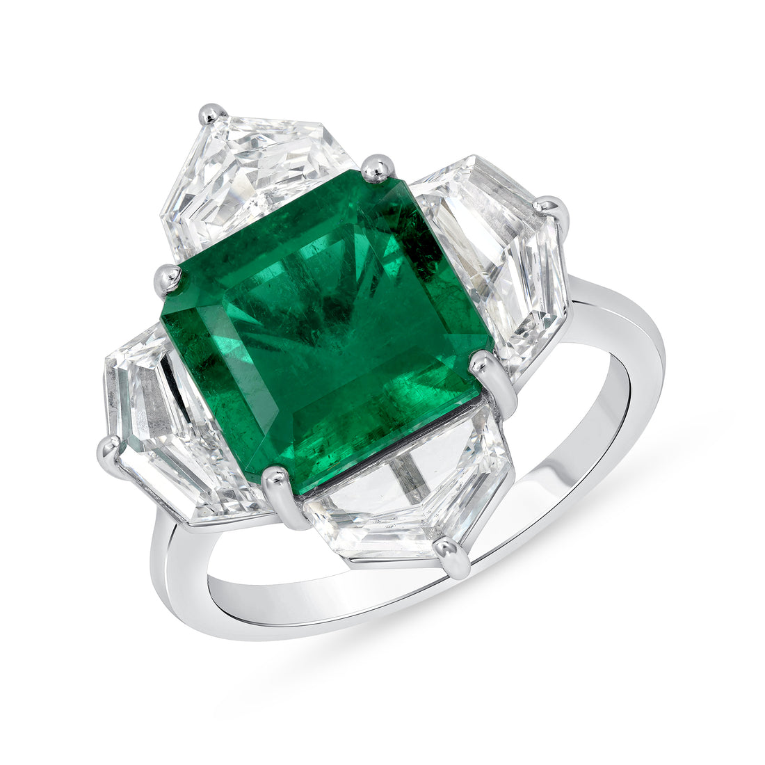 Emerald Cut Colombian Emerald and Four Cadillac Diamonds Ring