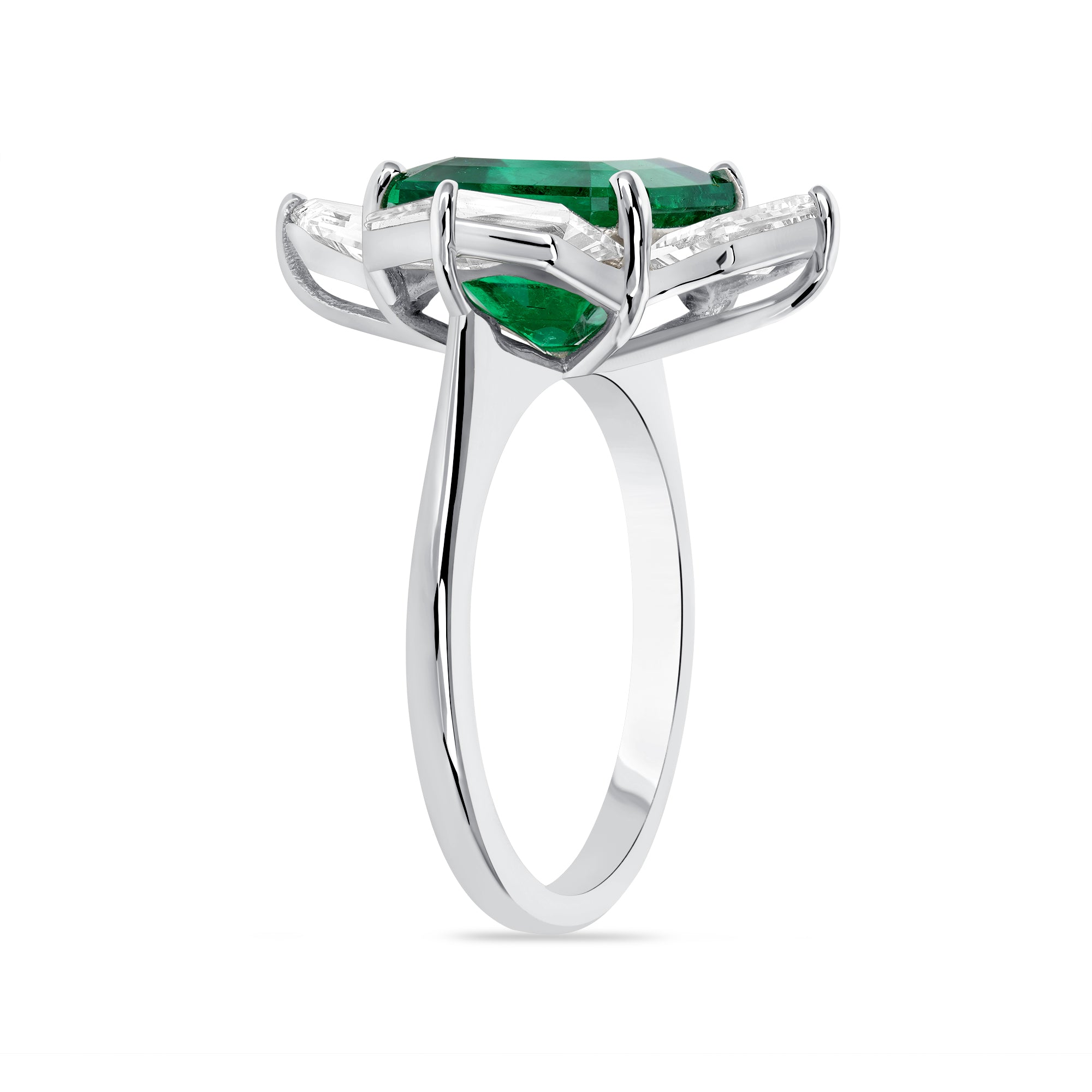 Emerald Cut Colombian Emerald and Four Cadillac Diamonds Ring