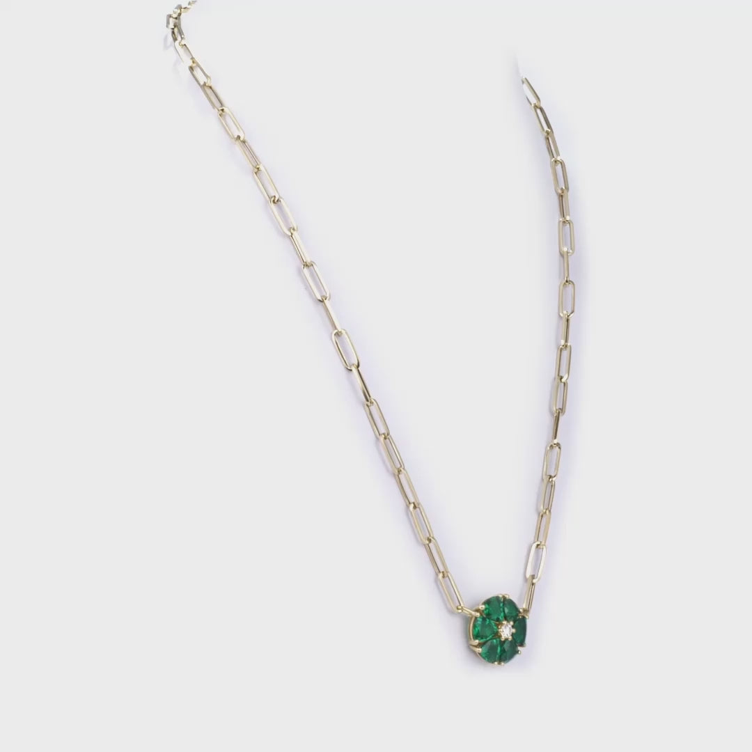 Emerald and Diamond Flower Pendant Paperclip Necklace