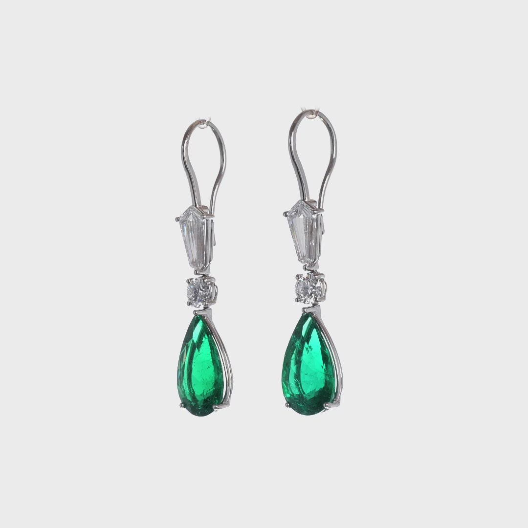 Pear Shape Colombian Emerald and Round Brilliant Diamond Drop Earrings