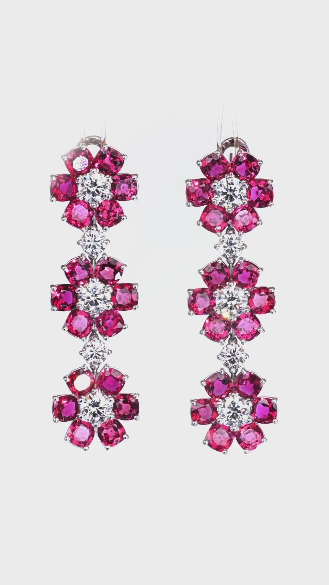 Ruby and Diamond Flower Dangle Earrings