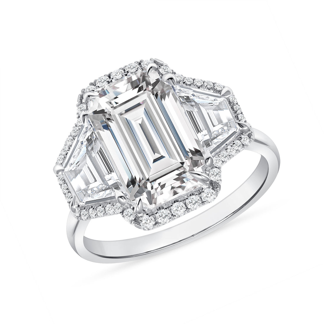 Emerald Cut Diamond and Two Trapezoid Diamonds Halo Ring