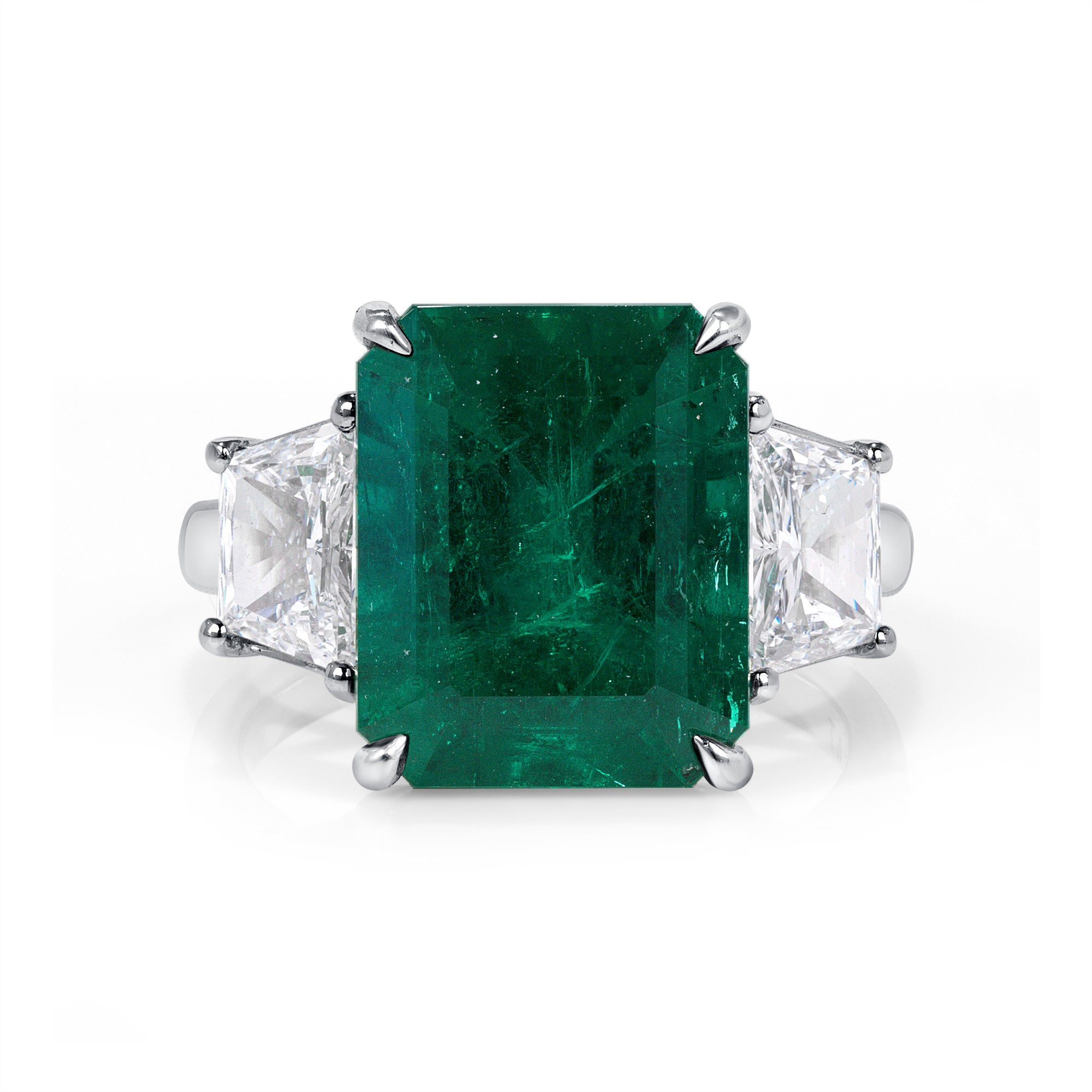 Emerald Cut Colombian Emerald and Trapezoid Cut Diamond Ring