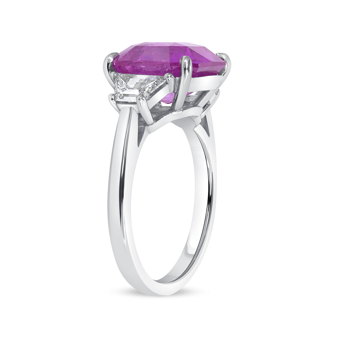 Emerald Cut Pink Sapphire and Trapezoid Cut Diamond Ring