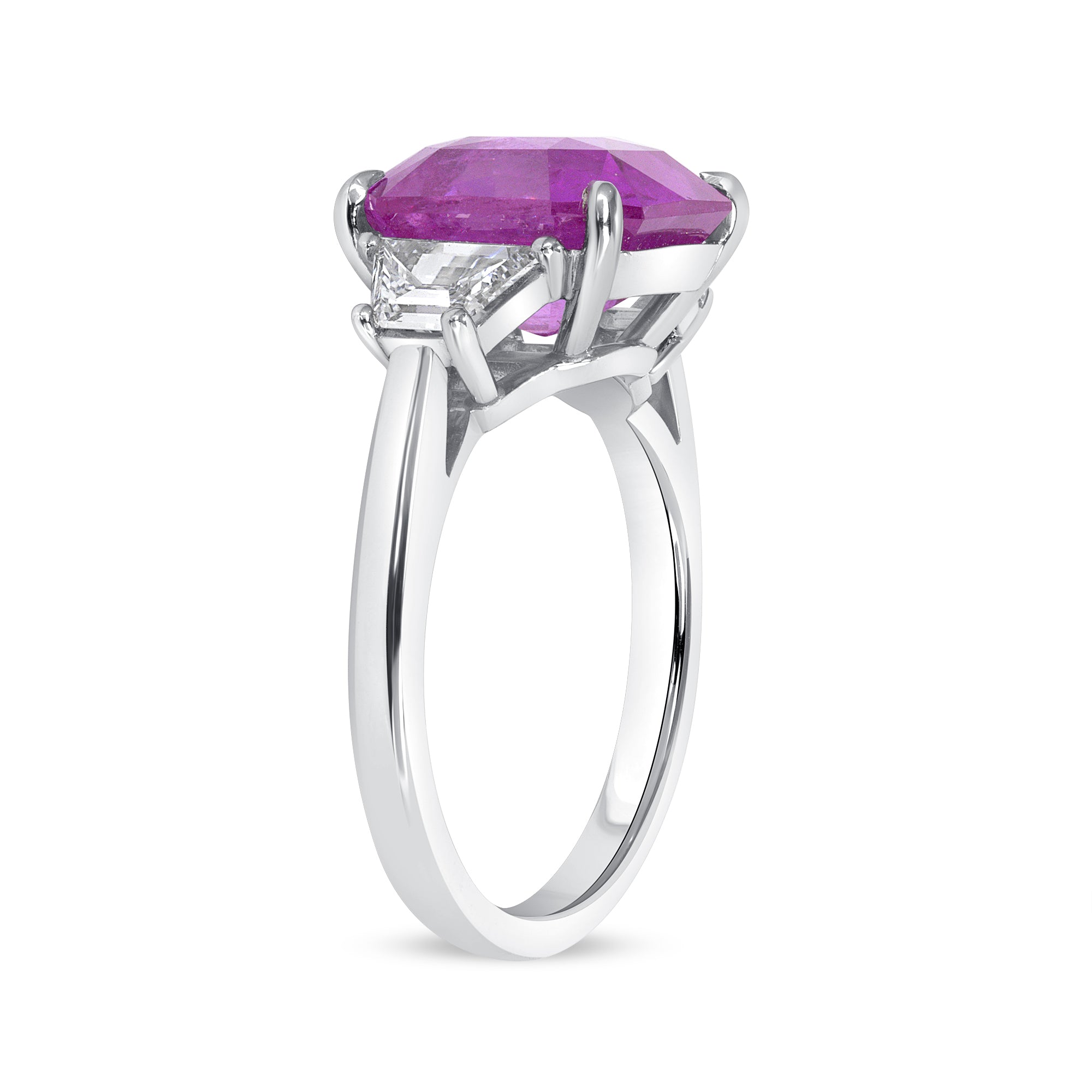 Emerald Cut Pink Sapphire and Trapezoid Cut Diamond Ring