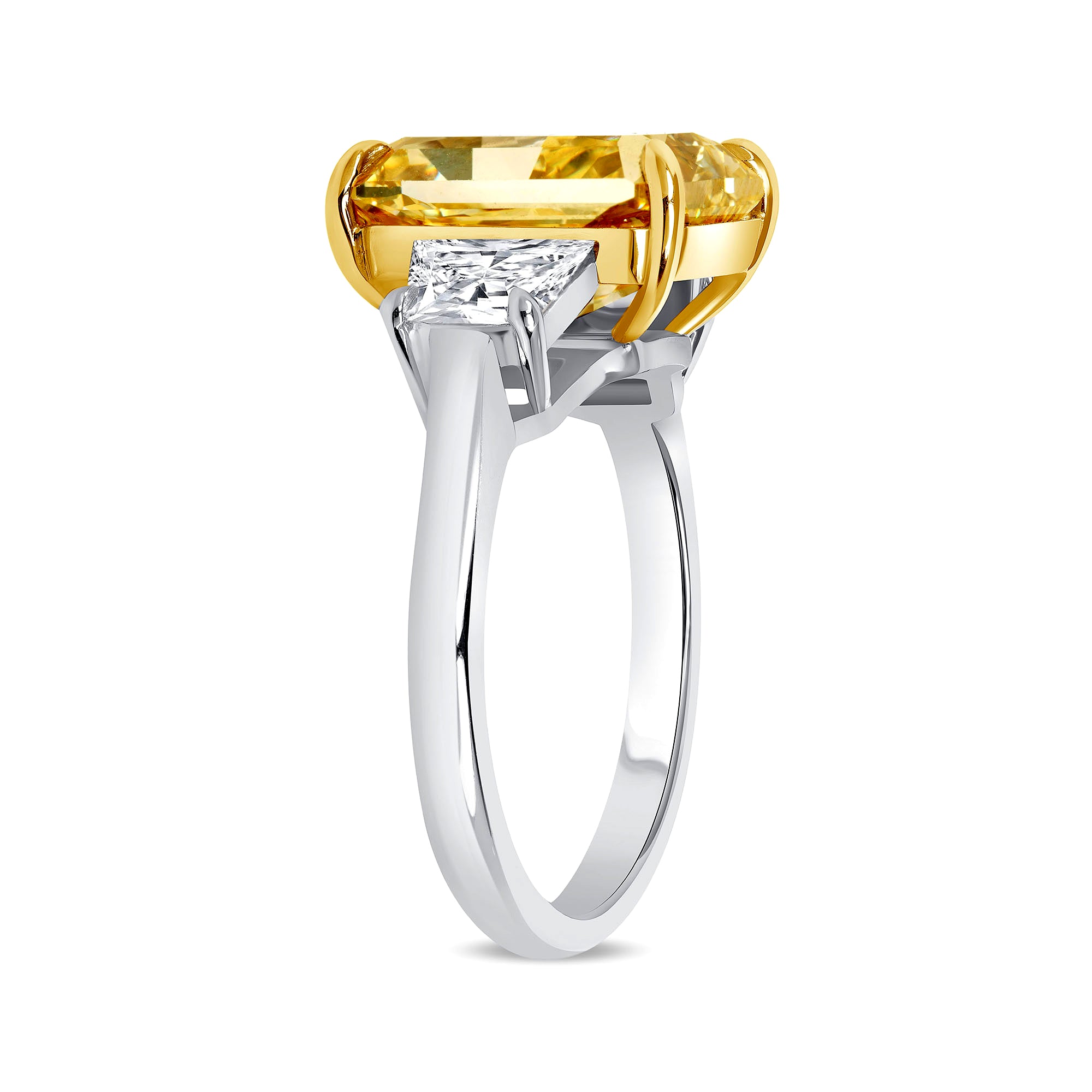 Radiant Cut Yellow Diamond and Trapezoid Diamond Three Stone Ring
