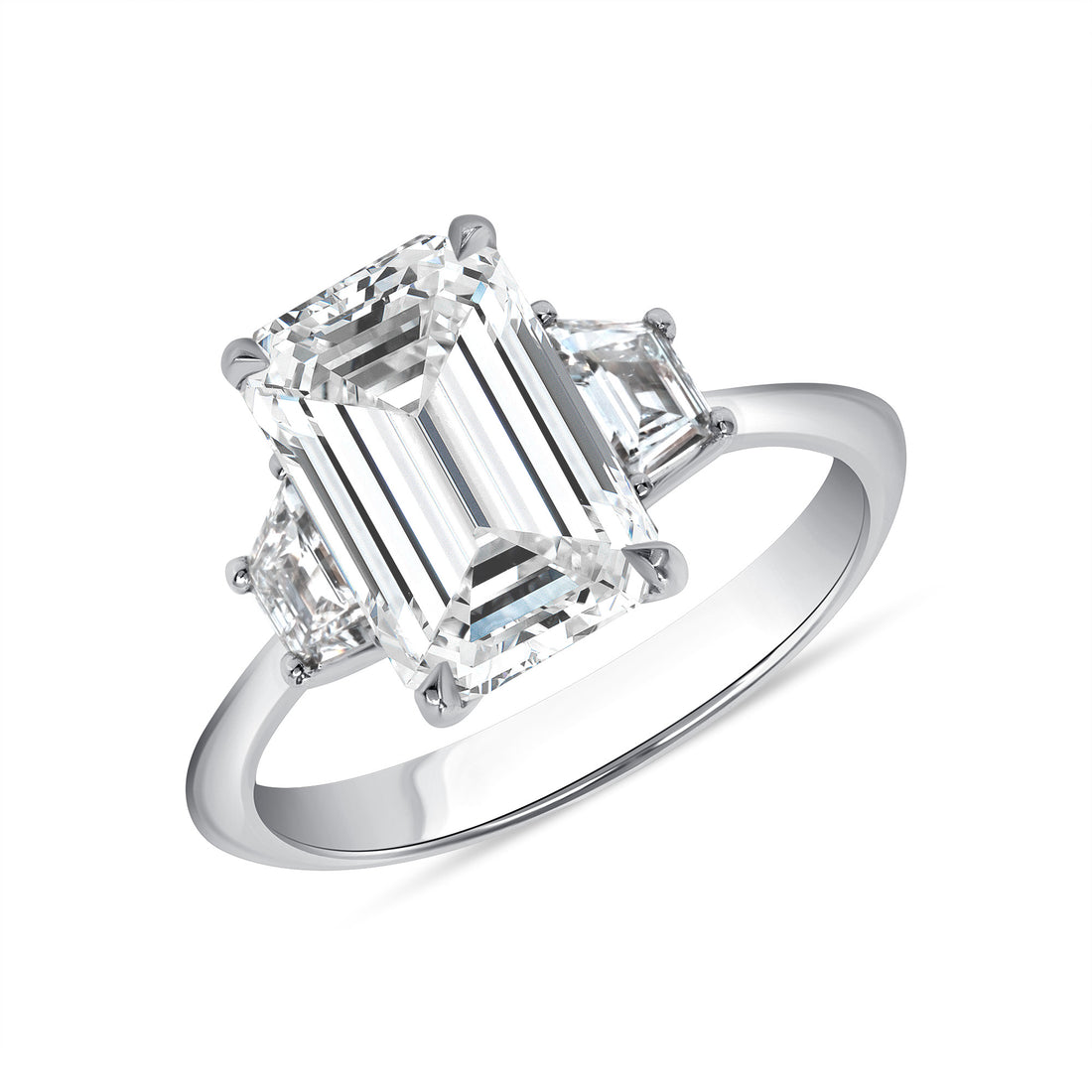 Emerald Cut Diamond and Two Trapezoid Side Stone Ring