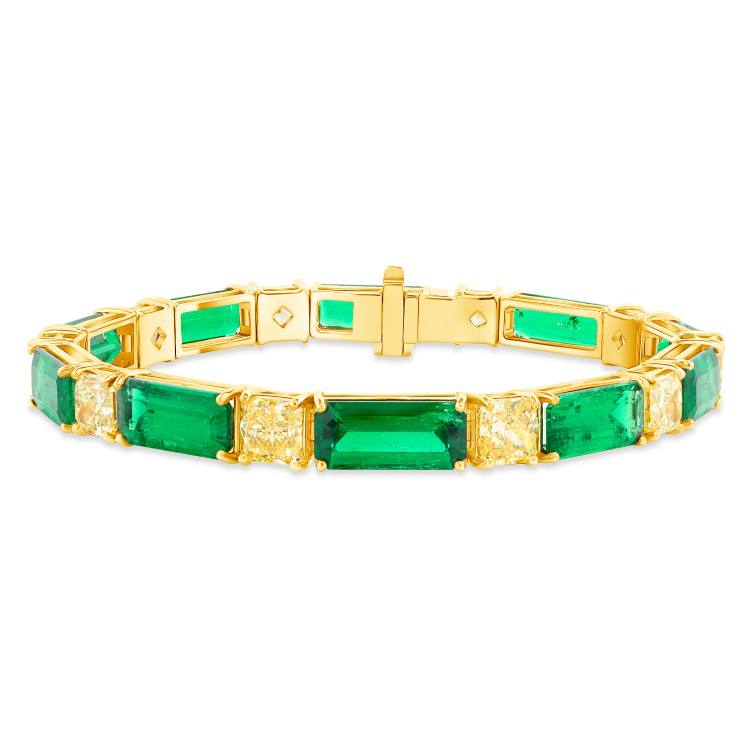 Colombian Emerald Baguette and Radiant Cut Fancy Yellow Diamond Bracelet