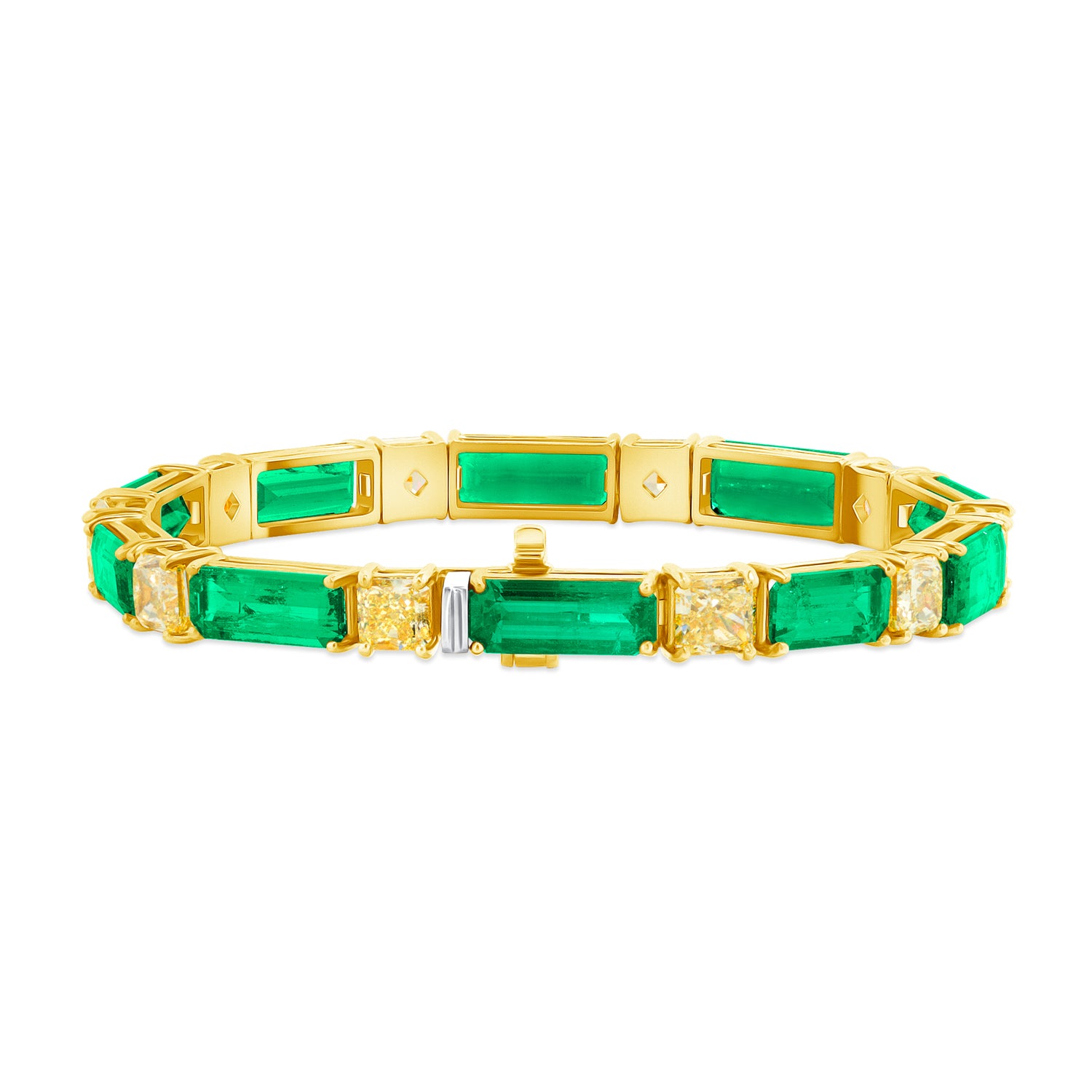 Colombian Emerald Baguette and Radiant Cut Fancy Yellow Diamond Bracelet