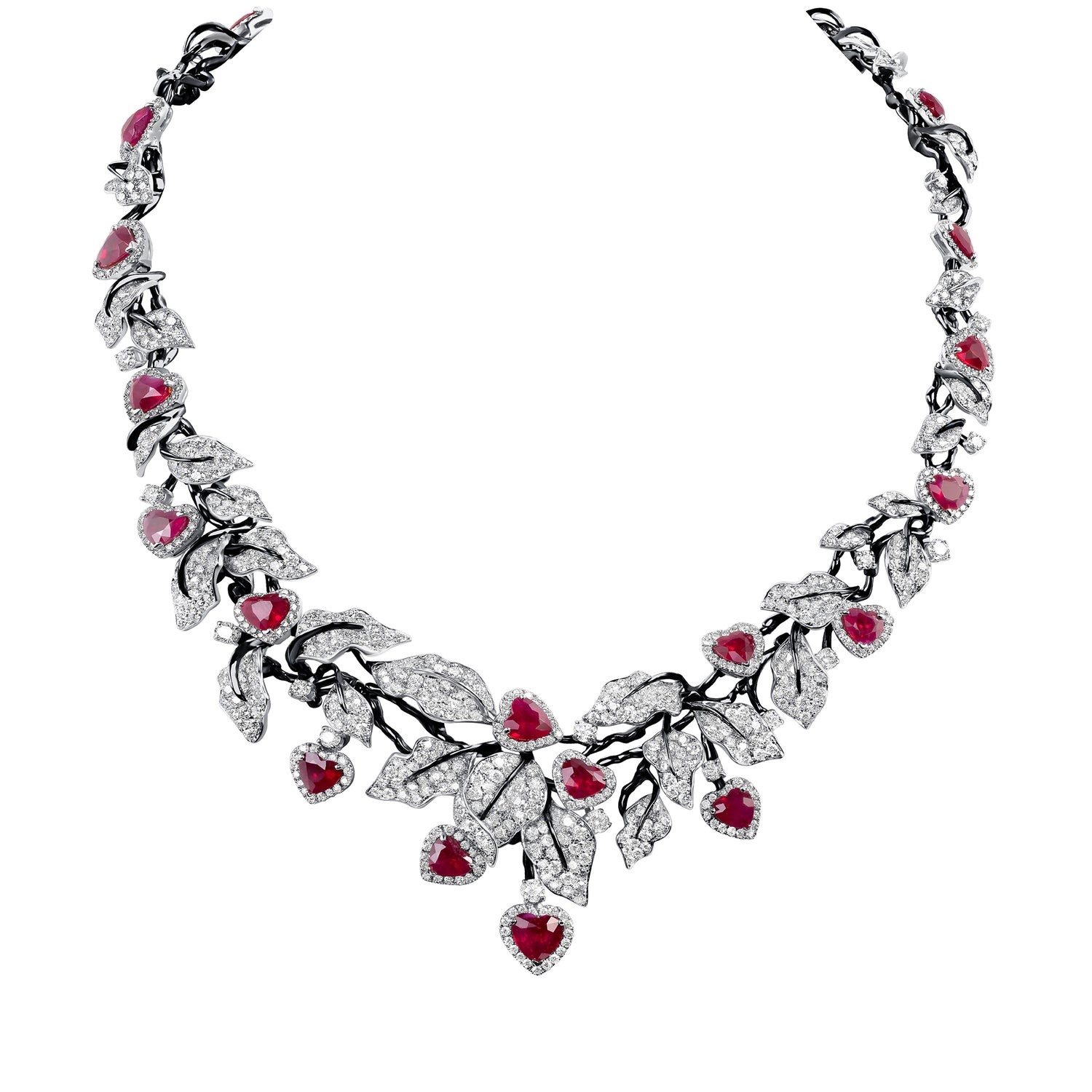 Heart Shaped  Ruby &amp; Diamond Leaf Necklace