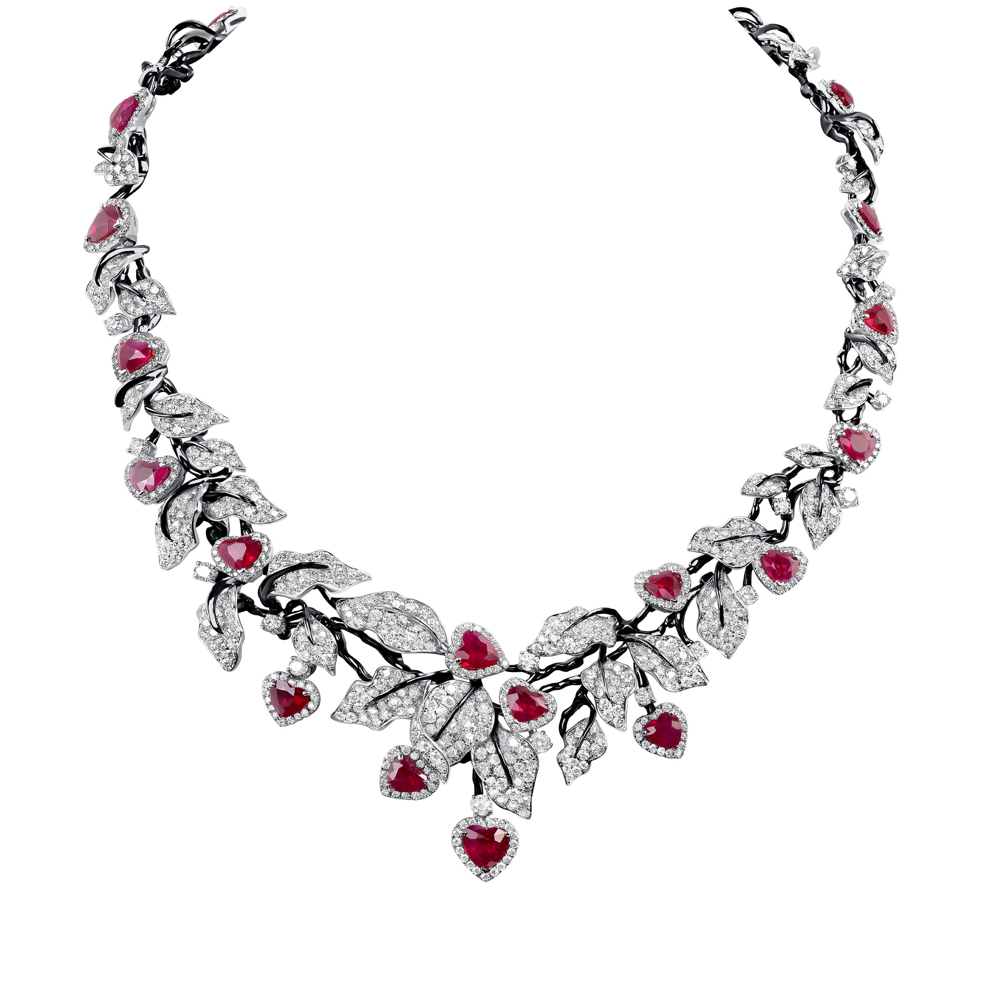 Heart Shaped  Ruby &amp; Diamond Leaf Necklace