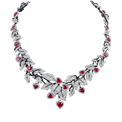 Heart Shaped  Ruby &amp; Diamond Leaf Necklace