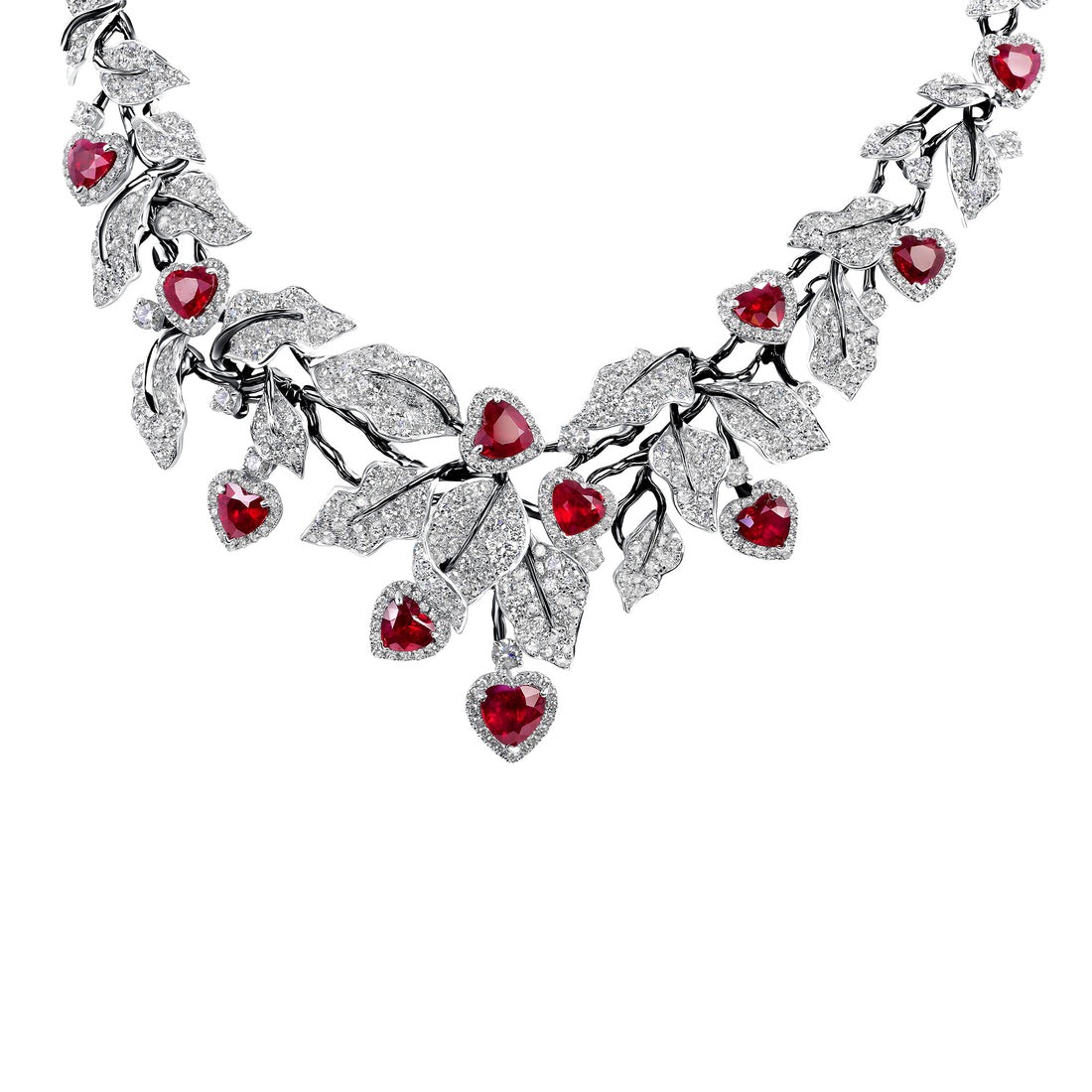 Heart Shaped  Ruby &amp; Diamond Leaf Necklace