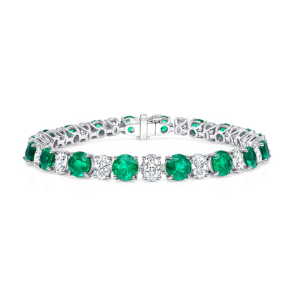 Round Brilliant Colombian Emerald and Oval Cut Diamond Platinum Bracelet