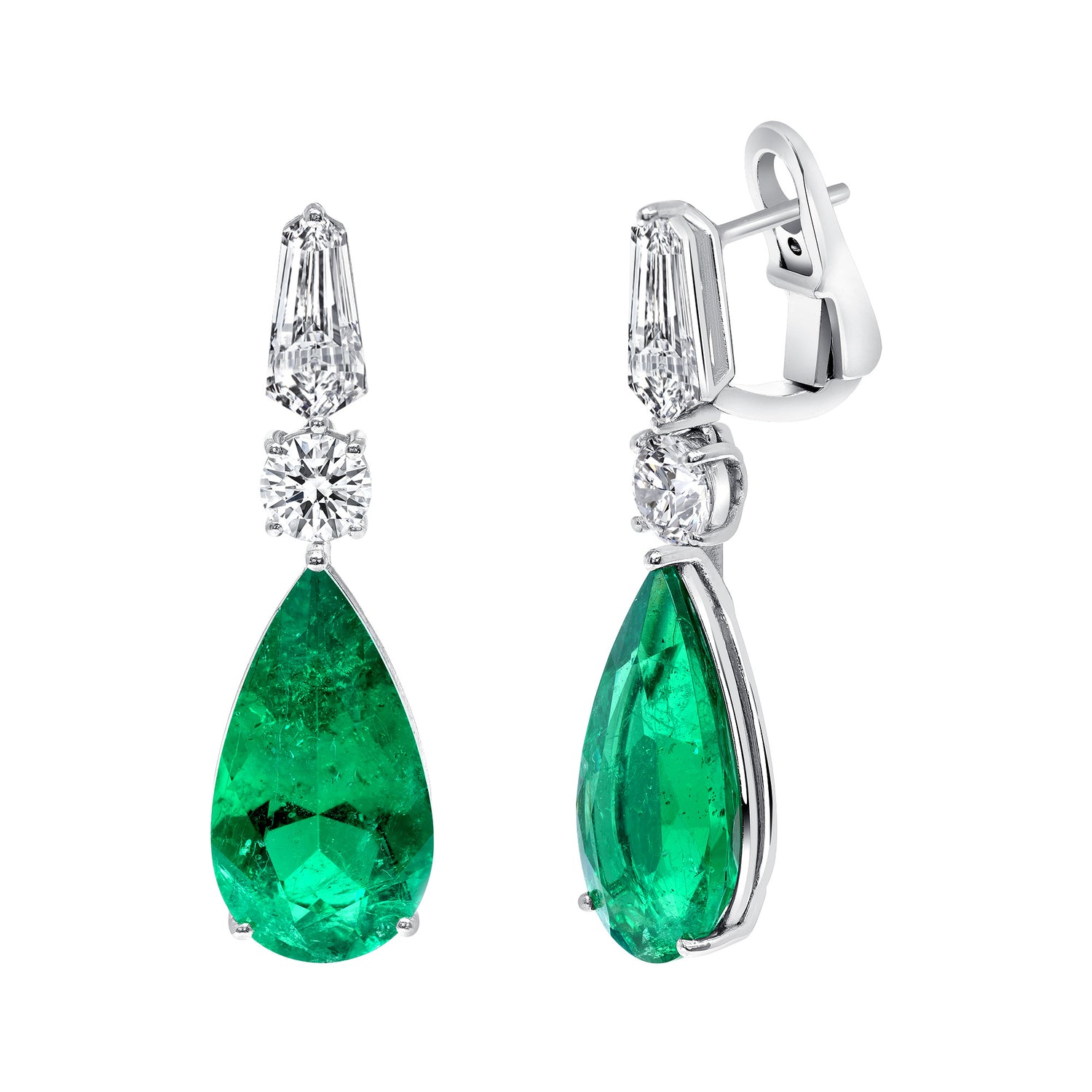 Round Brilliant Diamond and Pear Shape Emerald Drop Earrings