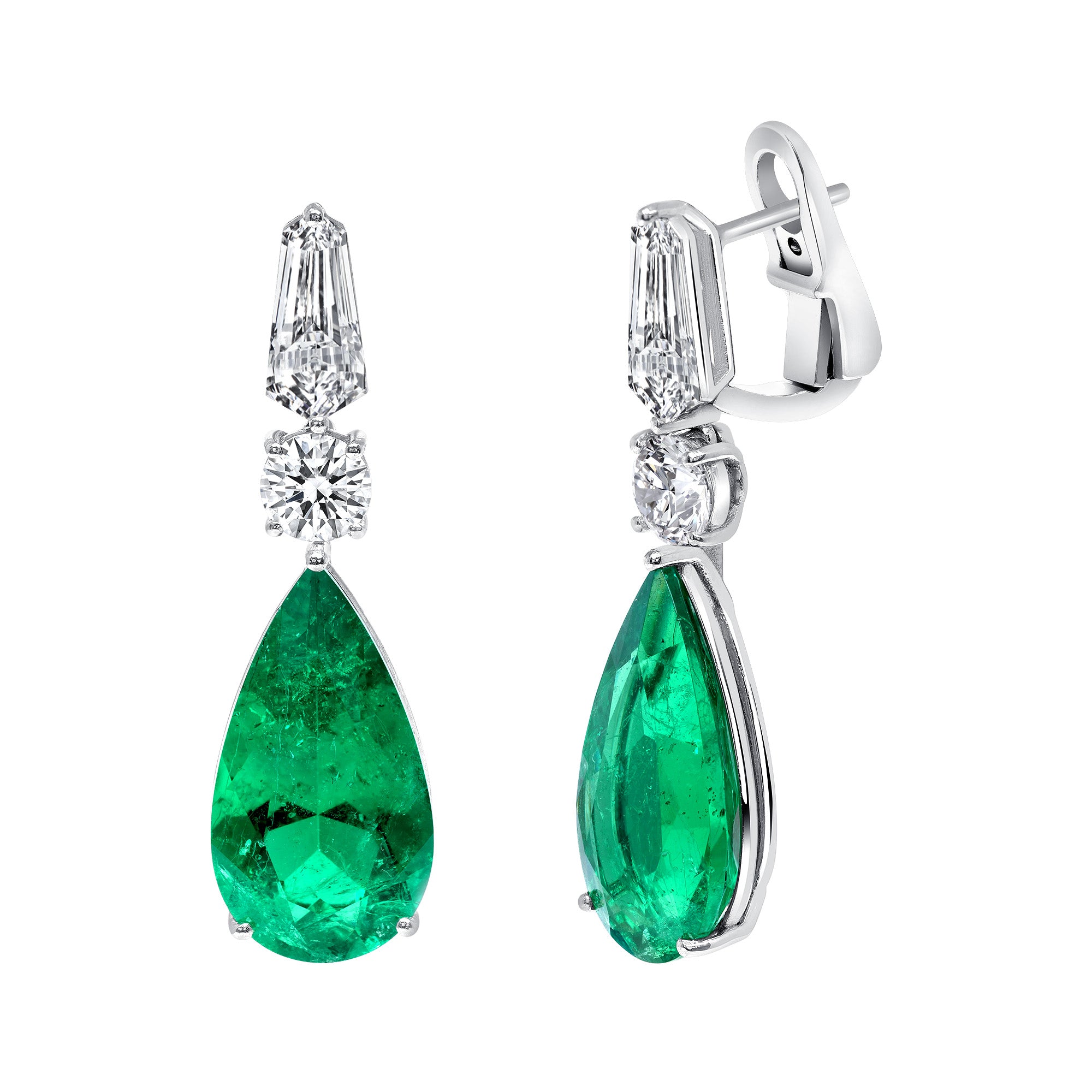 Round Brilliant Diamond and Pear Shape Emerald Drop Earrings