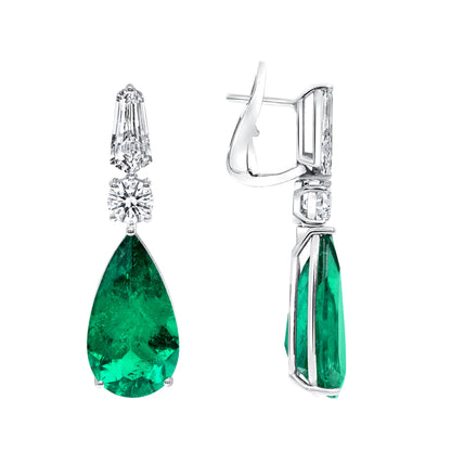 Round Brilliant Diamond and Pear Shape Emerald Drop Earrings