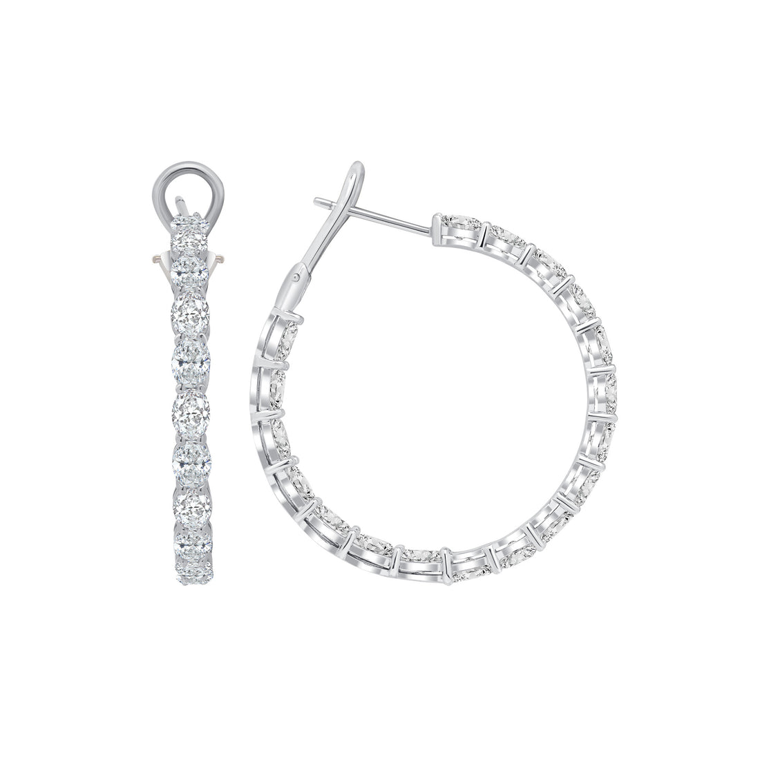 18k White Gold Oval Diamond Hoop Earrings
