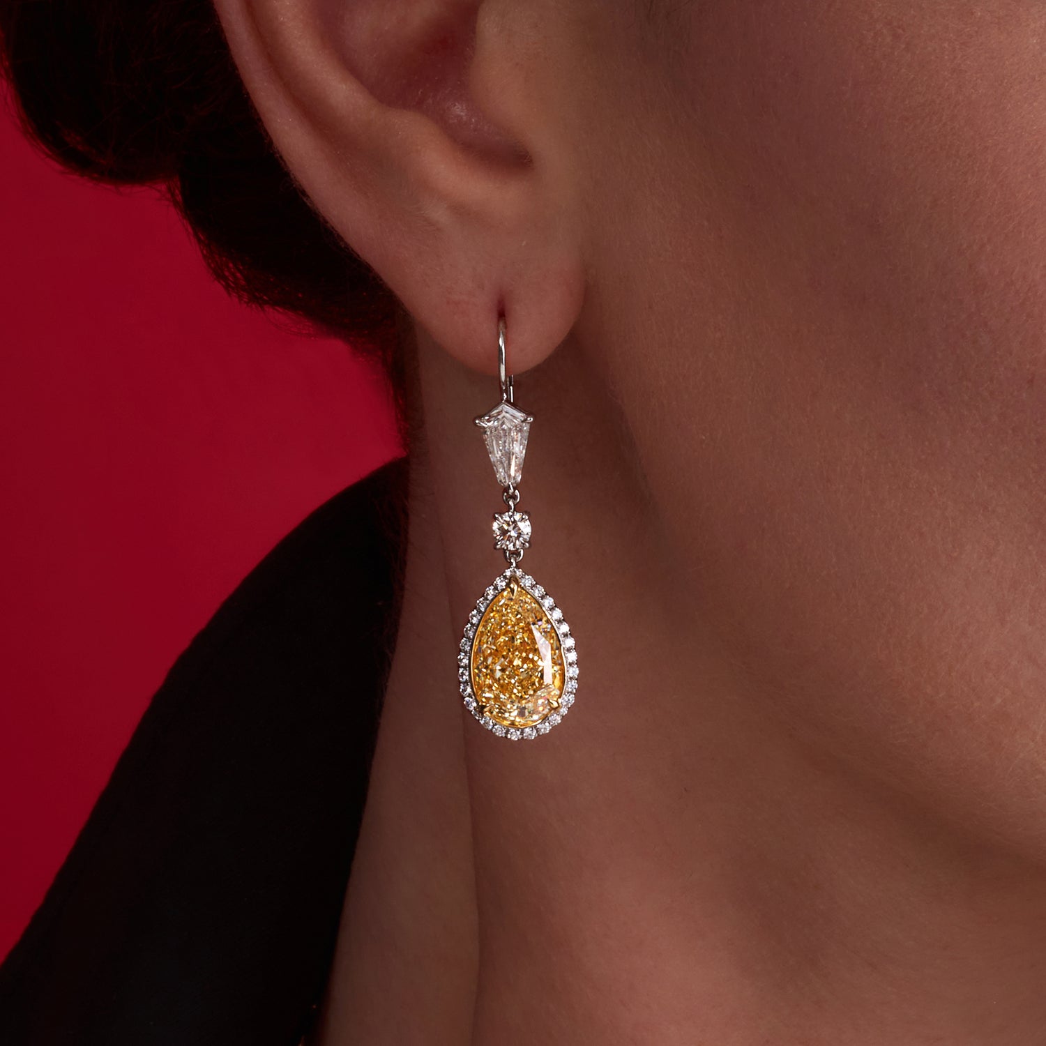Pear Shape Yellow and White Diamond Dangle Earrings