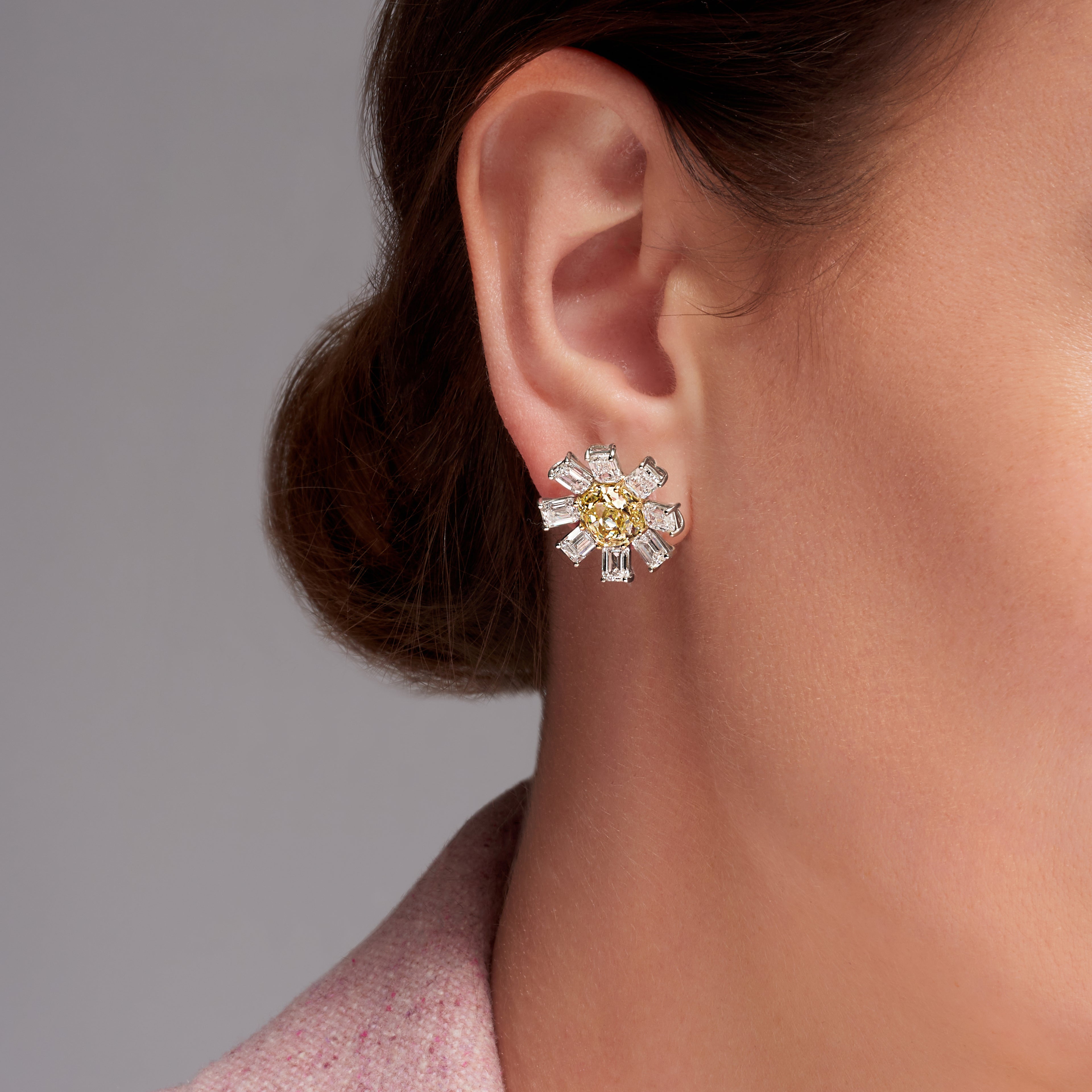 Platinum Octagon Shape Fancy Yellow Diamond and Emerald Cut Diamond Flower Earrings