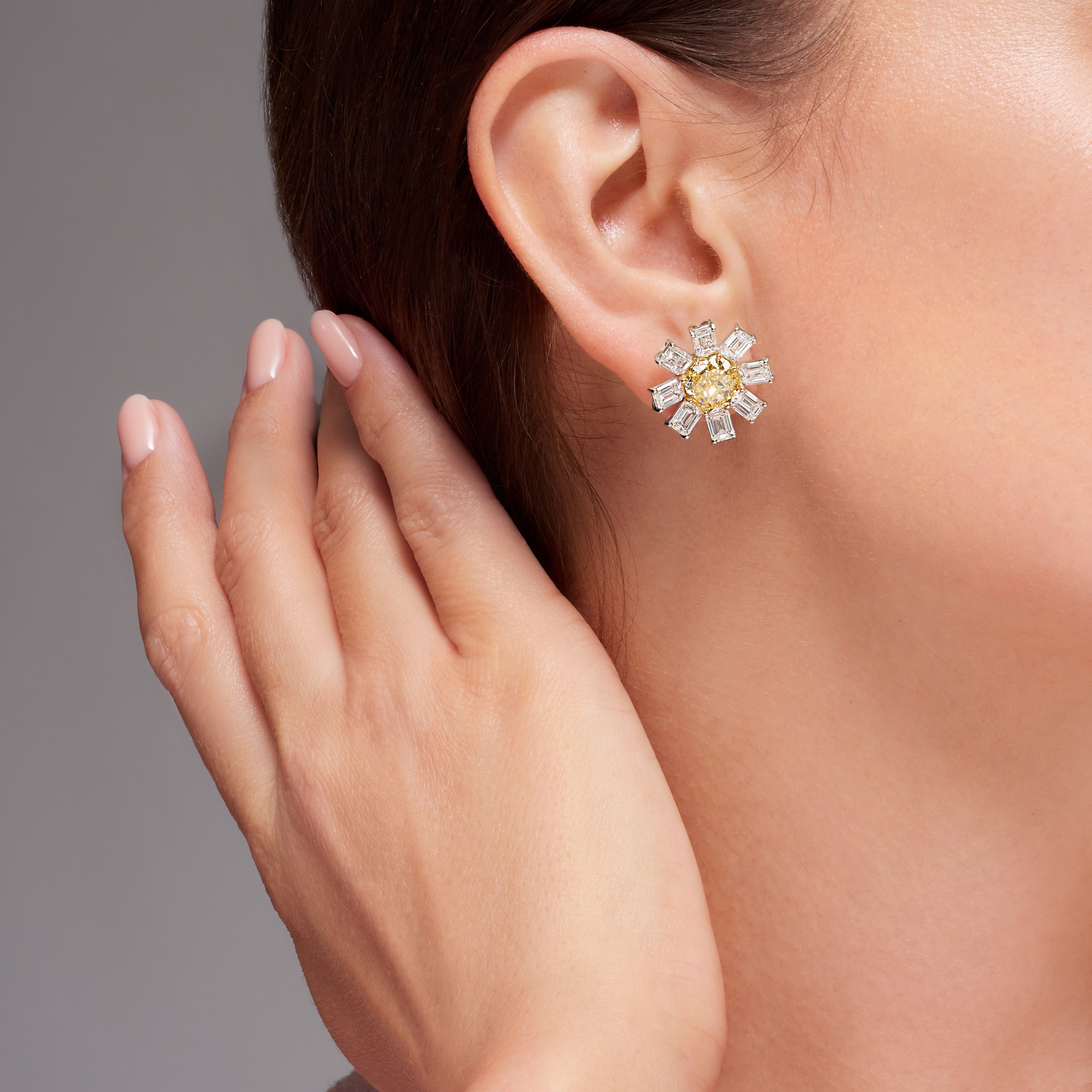 Platinum Octagon Shape Fancy Yellow Diamond and Emerald Cut Diamond Flower Earrings