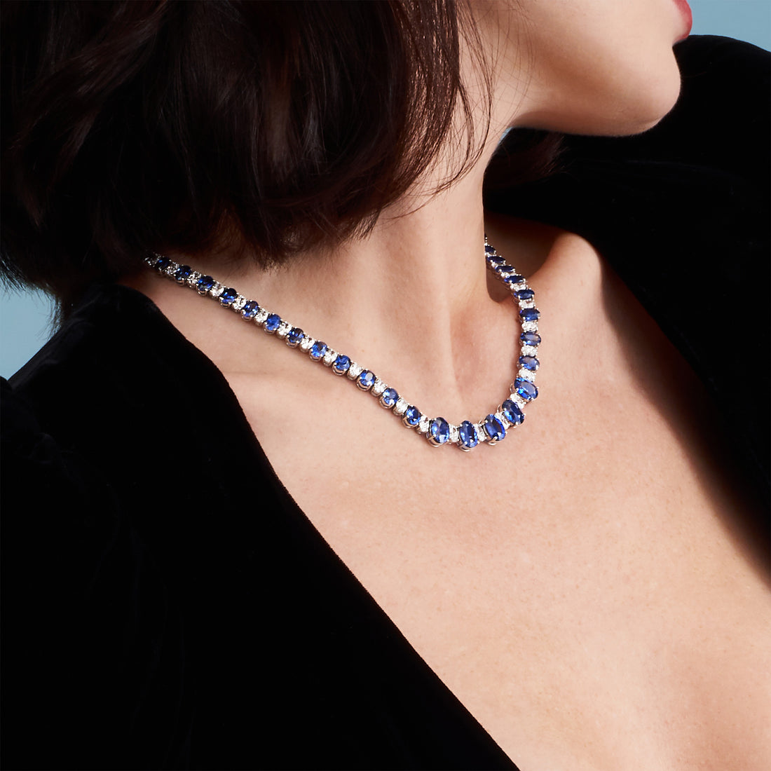 Alternating Oval Cut Sapphire &amp; Diamond Graduated Tennis Necklace