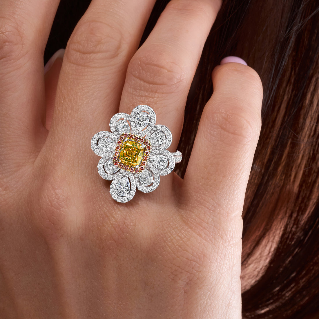 Cushion Cut Fancy Vivid Green-Yellow Diamond & Pink Diamond Halo Flower Ring with White Diamond Petals