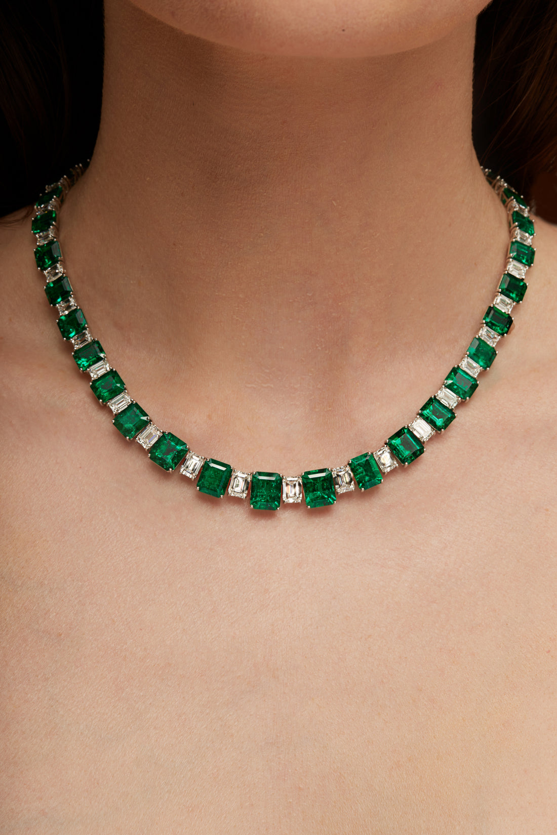 Emerald Cut Colombian Emerald and Diamond Necklace