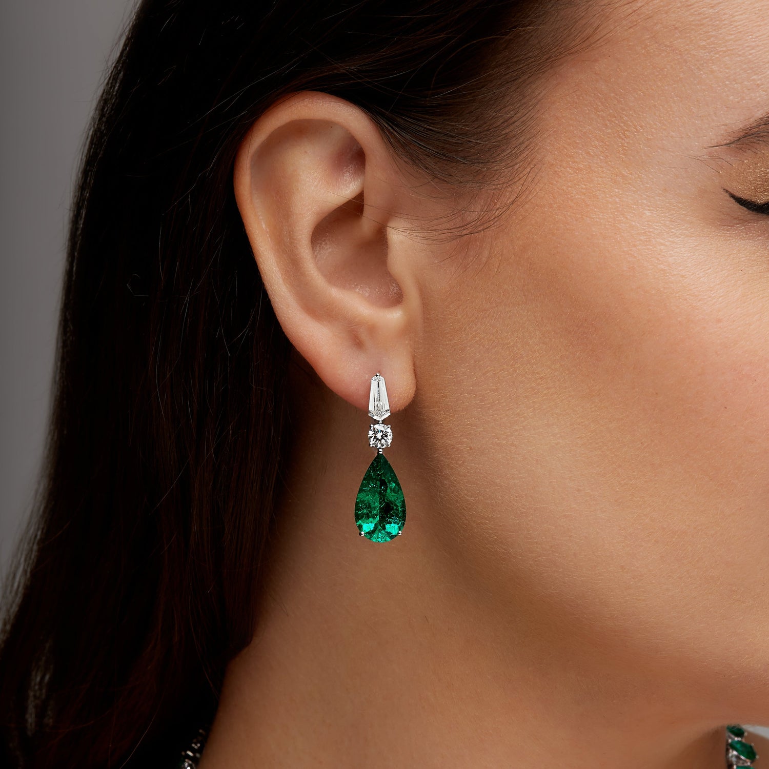 Round Brilliant Diamond and Pear Shape Emerald Drop Earrings