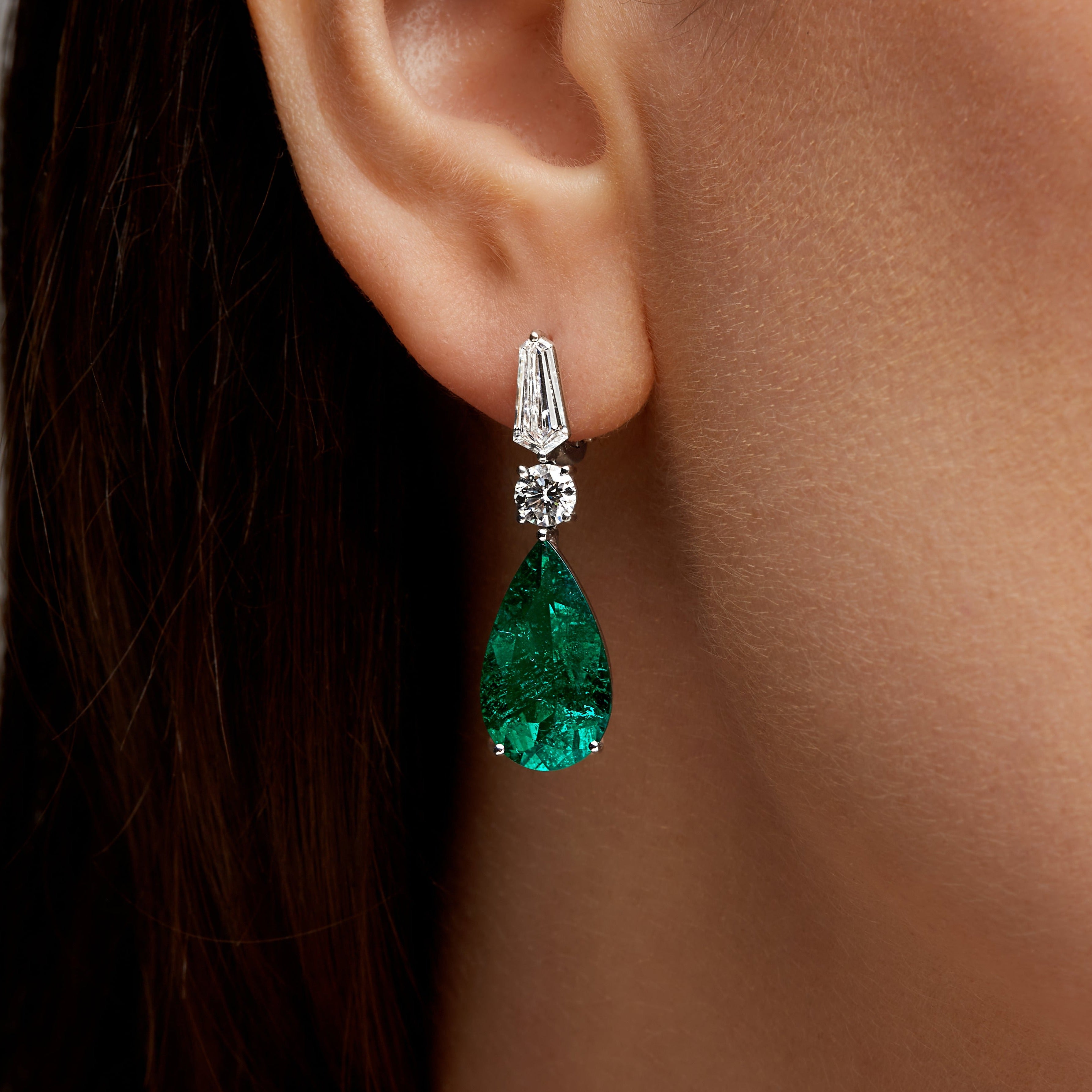 Round Brilliant Diamond and Pear Shape Emerald Drop Earrings