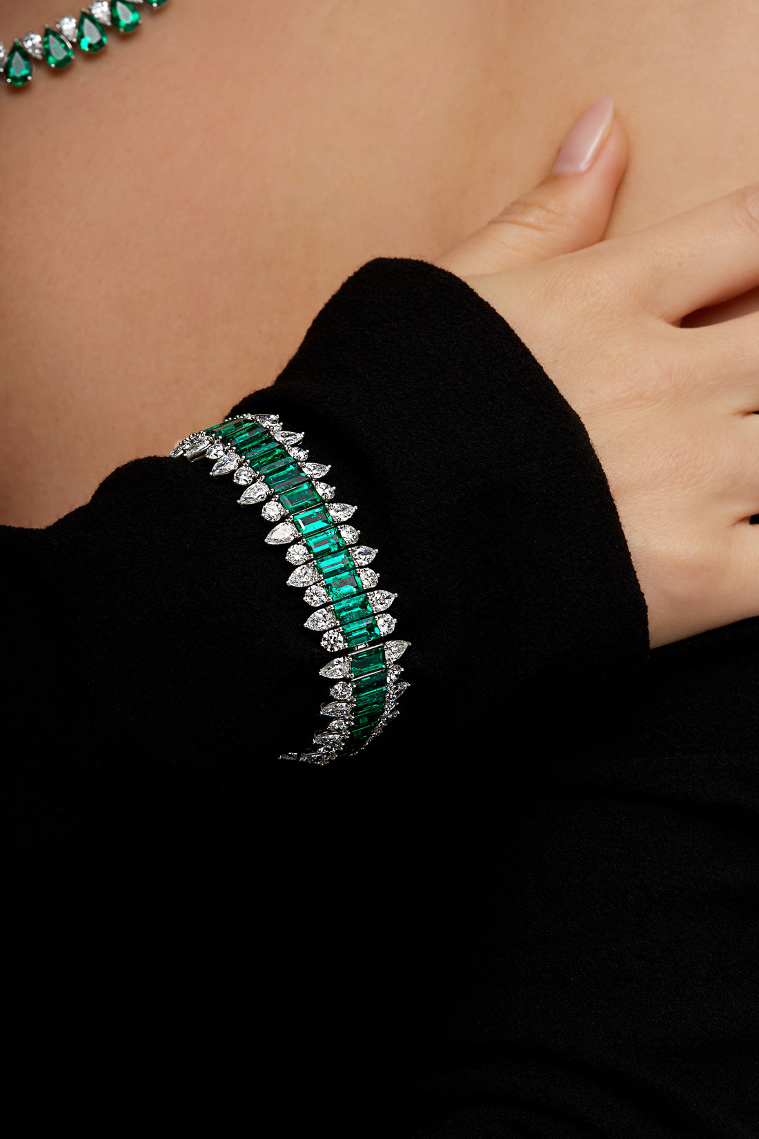 Colombian Emerald Baguette and Pear Shape and Round Brilliant Diamond Bracelet
