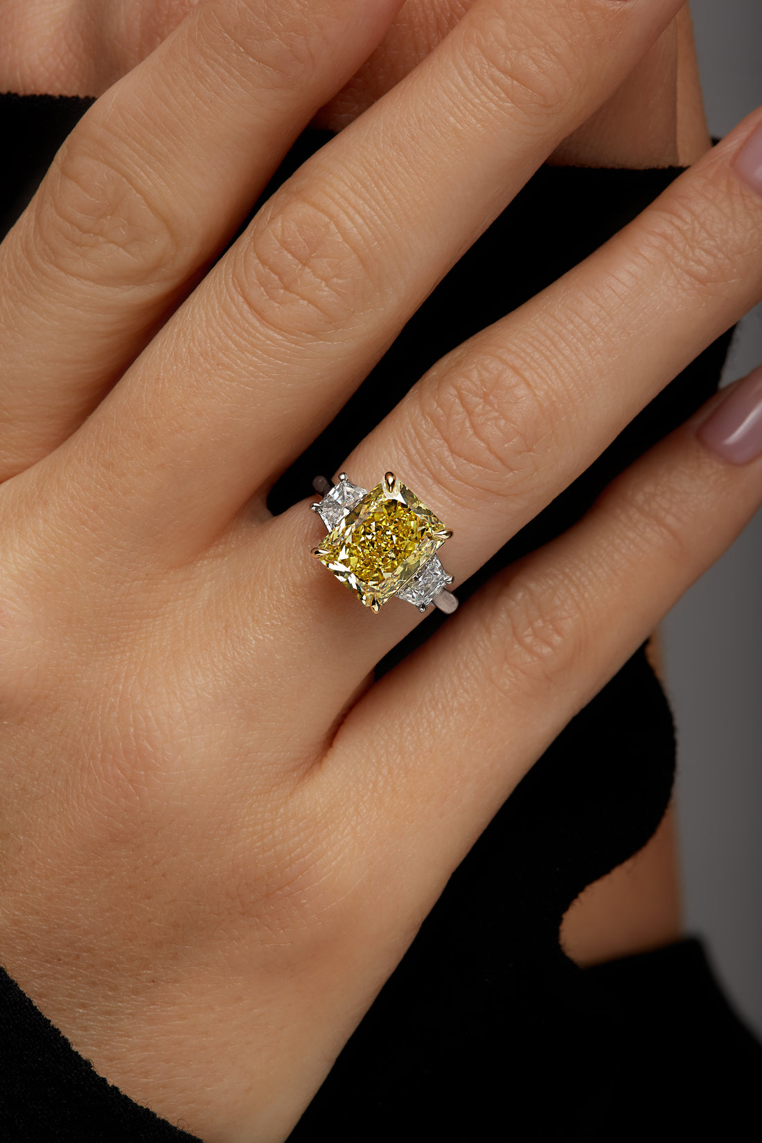Radiant Cut Fancy Yellow Diamond and Trapezoid Shape Diamonds Ring