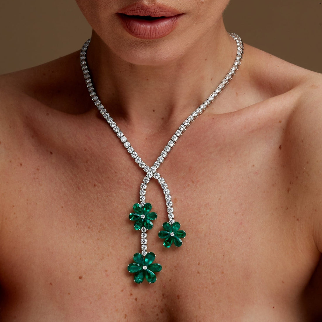 Pear Shape Emerald and Round Brilliant Diamond Three Flower Necklace