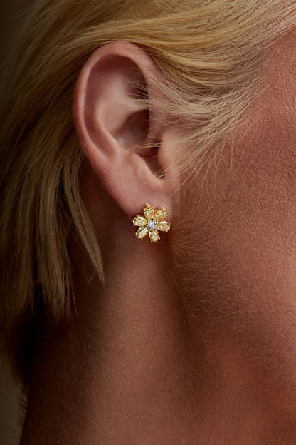 18k Yellow Gold Fancy Yellow Oval Diamonds and Round Brilliant Diamond Flower Stud Earrings