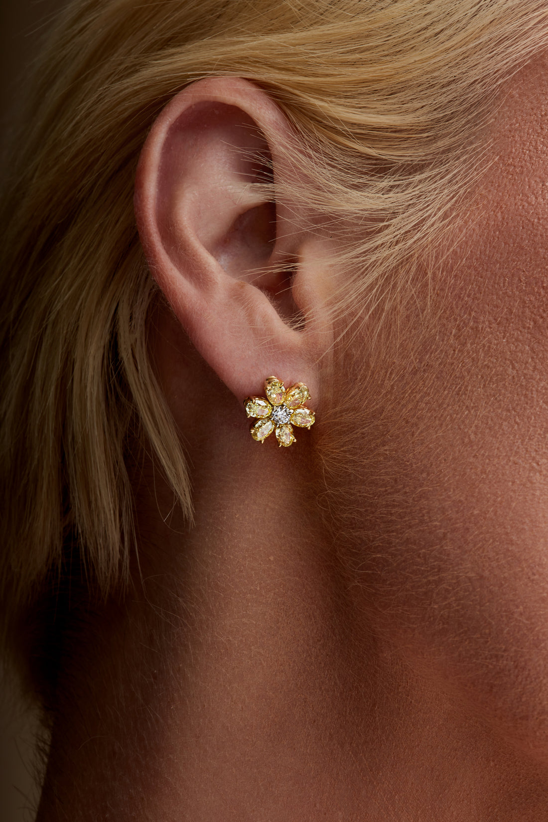 Fancy Yellow Oval Diamonds Flower Stud Earrings