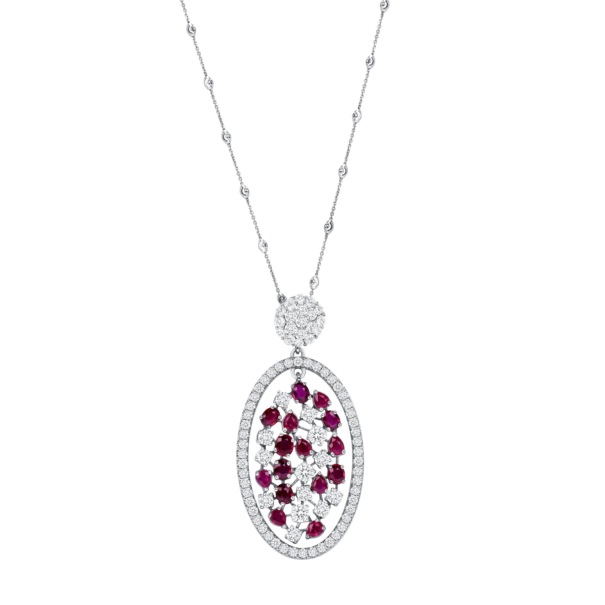 Platinum Round Brilliant Diamond and Mixed-cut Ruby Pendant Necklace
