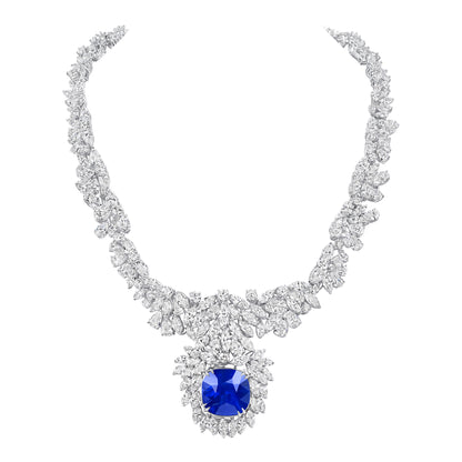 Cushion Cut Burma Sapphire Set on Mixed Cut Diamond Leaf Necklace