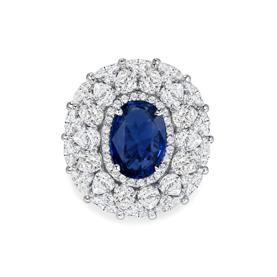 Oval Cut Sapphire &amp; Multi Halo Diamond Ring with Pavé Band