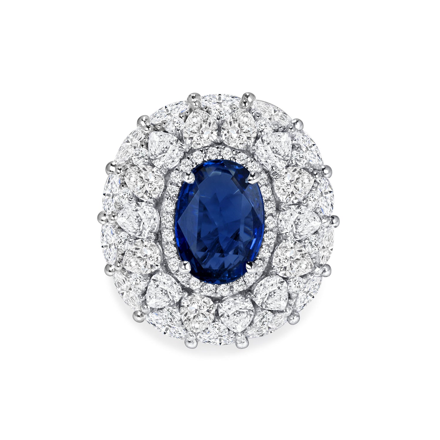 Oval Cut Sapphire &amp; Multi Halo Diamond Ring with Pavé Band