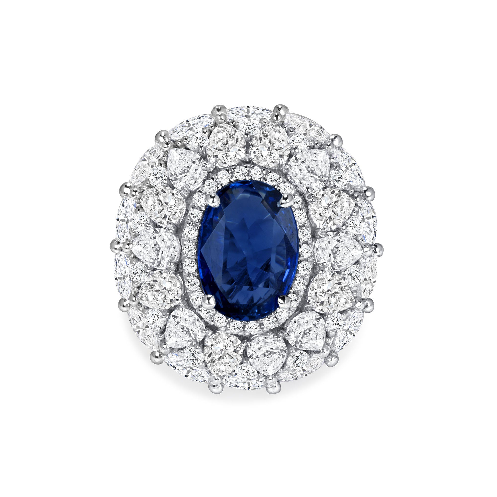 Oval Cut Sapphire &amp; Multi Halo Diamond Ring with Pavé Band