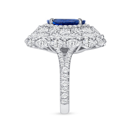Oval Cut Sapphire &amp; Multi Halo Diamond Ring with Pavé Band