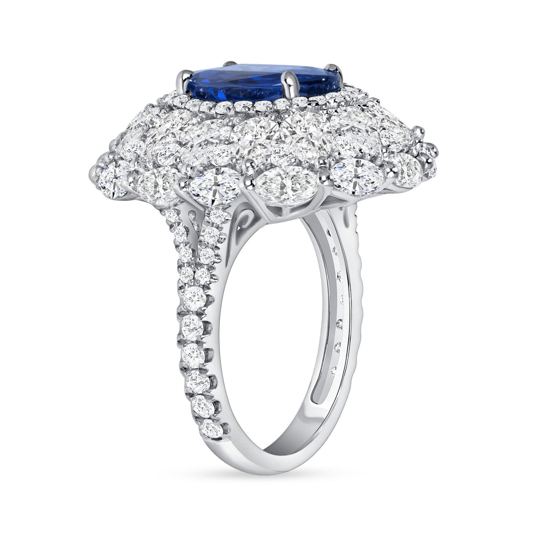 Oval Cut Sapphire &amp; Multi Halo Diamond Ring with Pavé Band